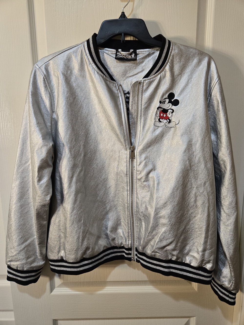 The Disney Store Womens Mickey Mouse Metallic Silver Bomber Jacket -Size XL- EUC